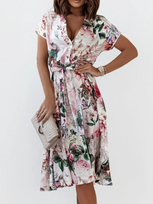 Floral Short Sleeve Midi Dress - Velora