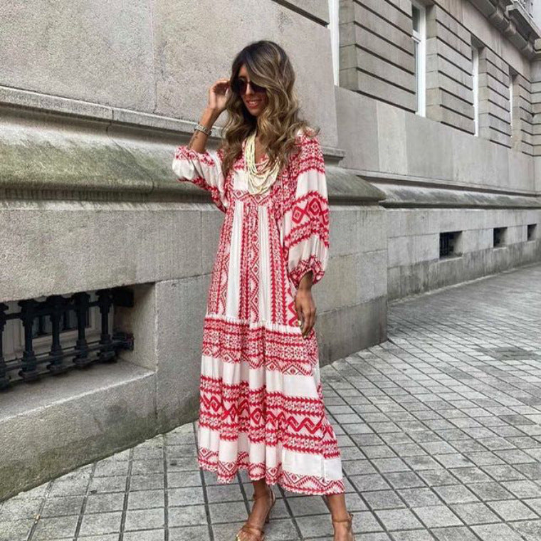 Summer Women's Vintage Printed Bohemian Dress Elegant Ladies Casual Loose V-Neck Short Sleeve Long Dresses Velora
