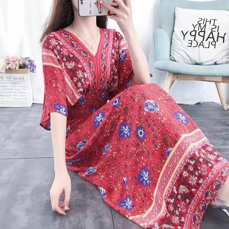 Cotton Silk Floral Dress Women's Summer Ethnic Style V-neck Short Sleeve Pastoral Style Skirt - Velora