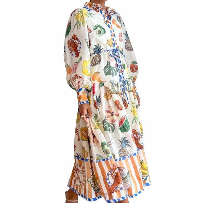 Print Holiday Women Beach Dress With Belts A-Line Long Lantern Sleeve Single Breasted Lapel Seaside Dresses Robe - Velora