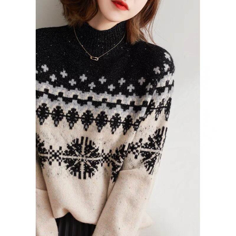 Autumn And Winter Spring New Half Turtleneck Knitted Snowflake Retro Loose Sweater - Velora