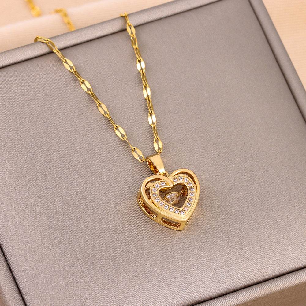 Double-layer Love Necklace With Rhinestones Titanium Steel Pendant Fashion Jewelry Woman Valentines Day Gift - Velora