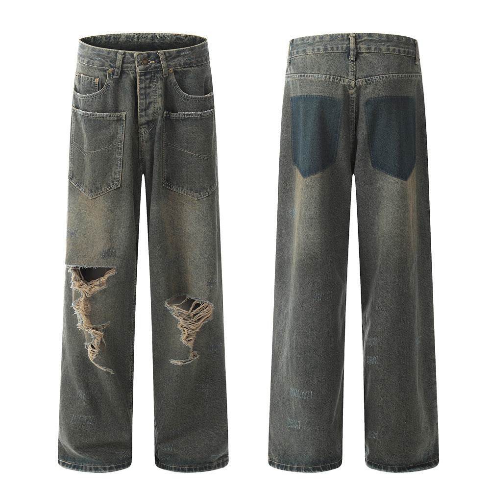 Pocket Design Loose Denim Straight-leg Trousers Men Jeans