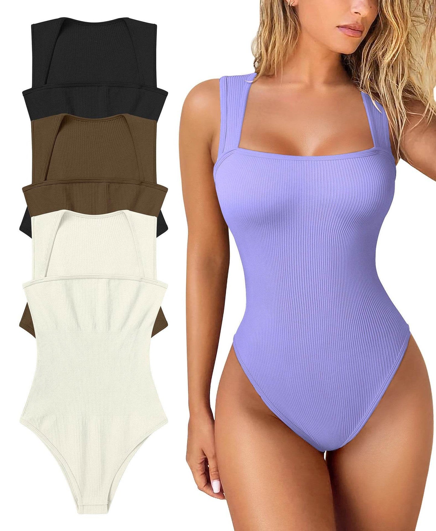 Thread Square Neck Jumpsuit Sleeveless Slim Fit Tank Top Summer Shapewear - Velora