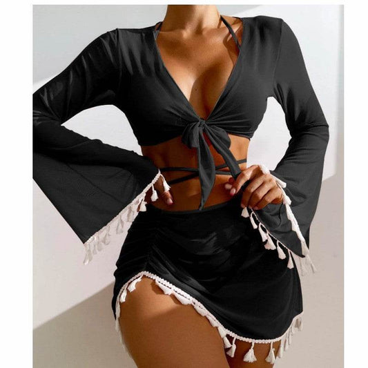 4pcs Solid Color Bikini With Short Skirt And Long Sleeve Cover-up Fashion Bow Tie Fringed Swimsuit Set Summer Beach Womens Clothing - Velora