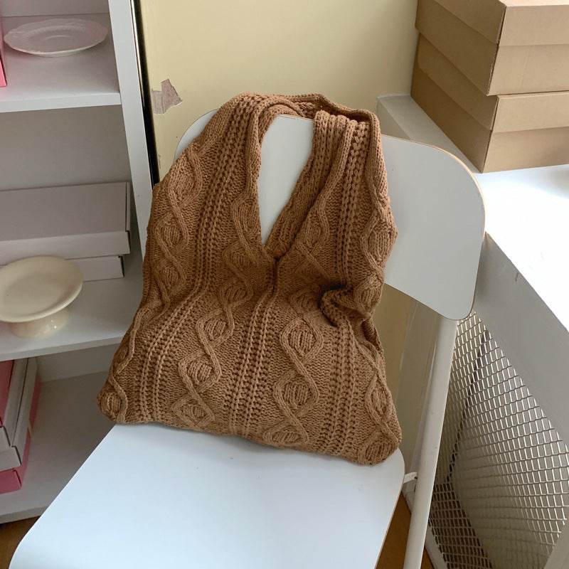 GWomen Shoulder Bags Portable Retro Hollow Knitted Woolen Yarn Bag Shoulder Tote Bag Solid Color Crochet Bag Large Capacity Shopping Tote Bags - Velora