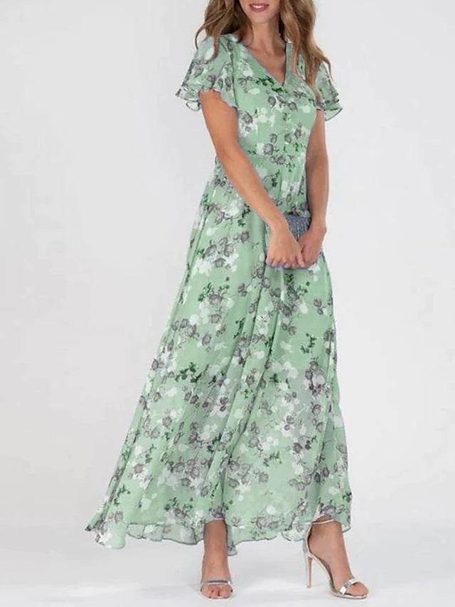 Flowers Print Short Sleeve Dress Summer Fashion Ruffle Beach Dresses Women's Clothing - Velora