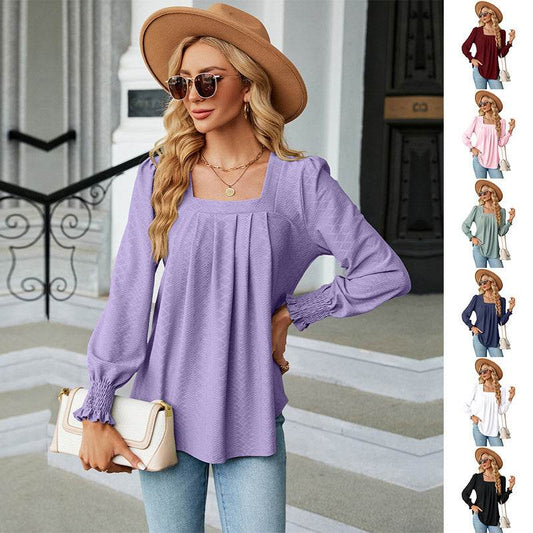 New Jacquard Pleated Square Neck T-shirt Fashion Solid Color Long Sleeve Pullover Tops Womens Clothing - Velora