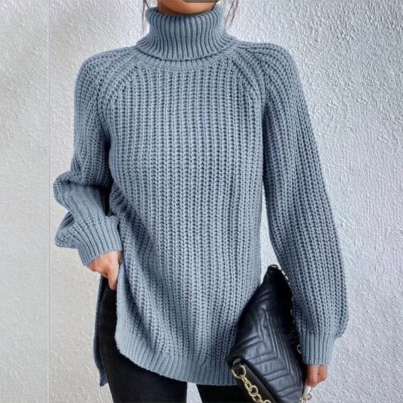 Turtleneck Pullover Sweater With Split Design Fashion Simple Solid Color Long Sleeve Tops Women's Clothing - Velora
