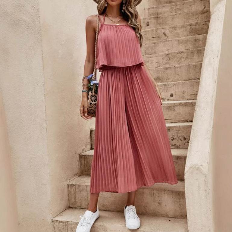 Women's Summer Solid Color Vacation Loose Suit Strap Backless Thin Romper Streetwear INS One-Piece Outfit Beach Style Striped Wide Leg Trousers Casual Suit - Velora