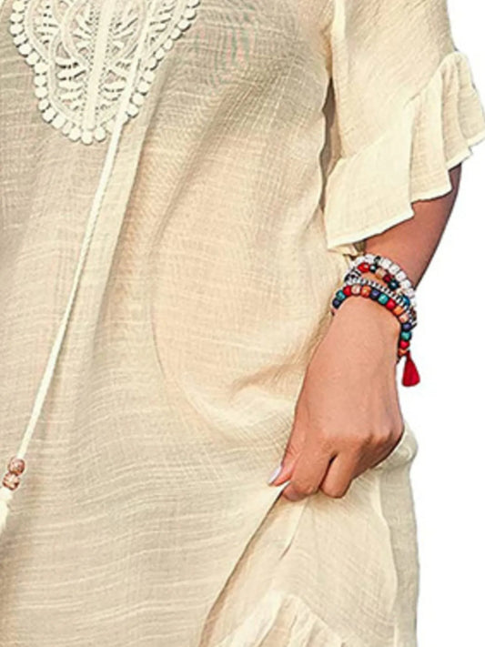 Tassel Short Sleeve Ruffled Mini Dress - Velora