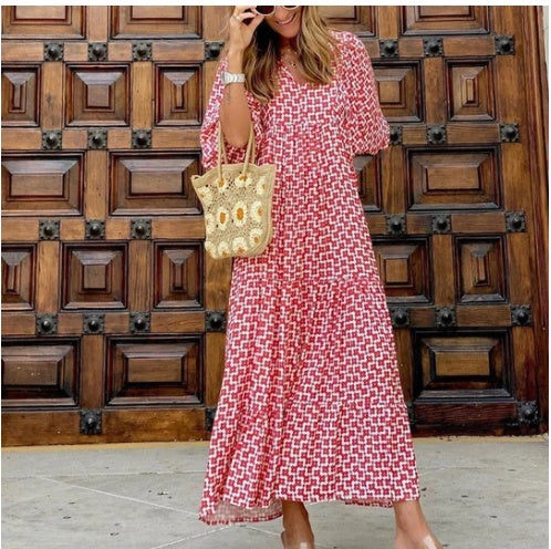 Summer Women's Vintage Printed Bohemian Dress Elegant Ladies Casual Loose V-Neck Short Sleeve Long Dresses Velora