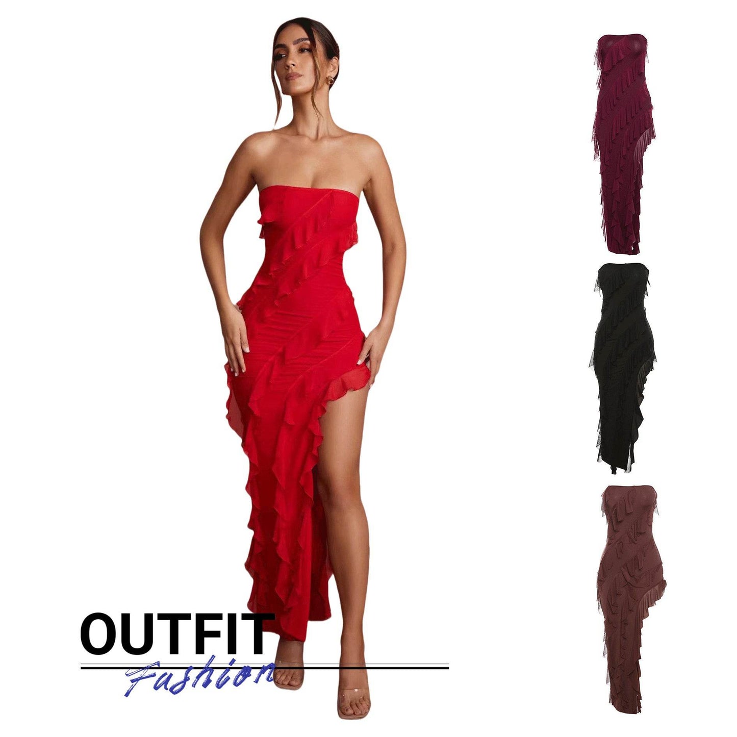 2024 Summer Trend Skinny Women's Fashion Tube Top Backless Split Tassel Dress Birthday Party Clubwear - Velora