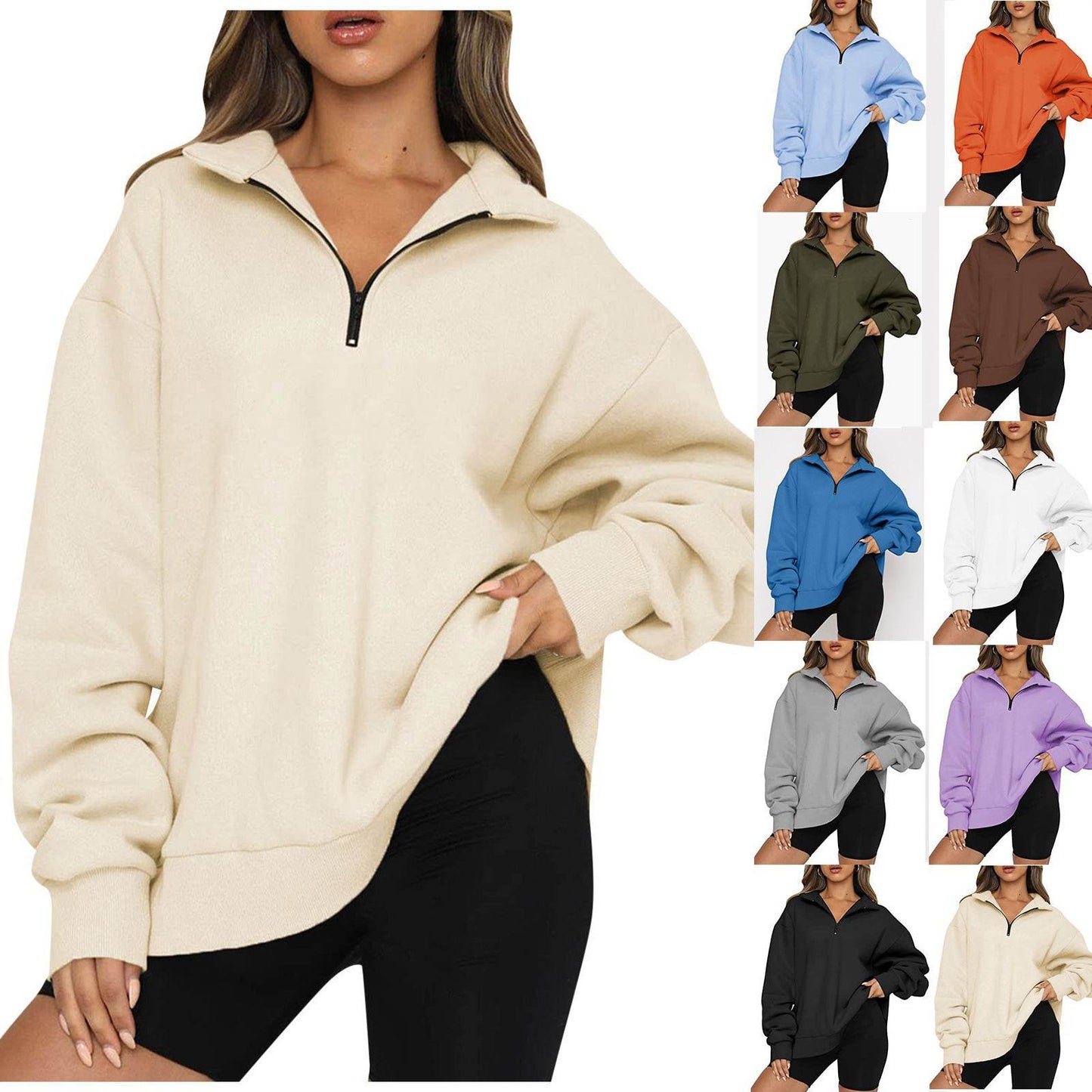 Women Sweatshirts Zip Turndown Collar Loose Casual Tops Clothes - Velora