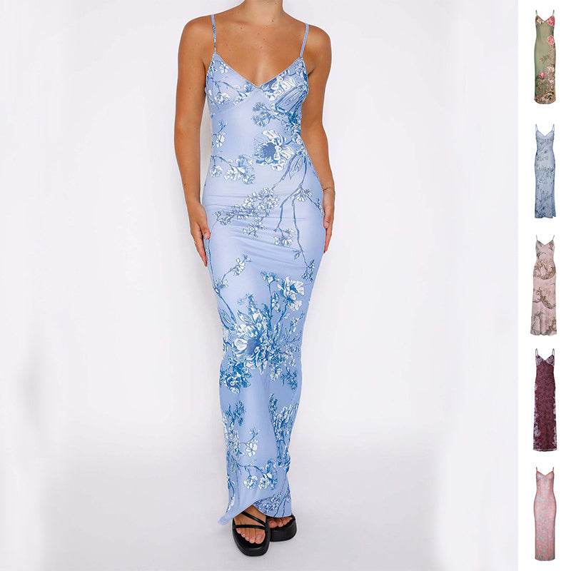 Y2K Slim Flowers Printing Slip Dress Women's Summer Suspender Skirt Vacation Beach Long Dresses - Velora
