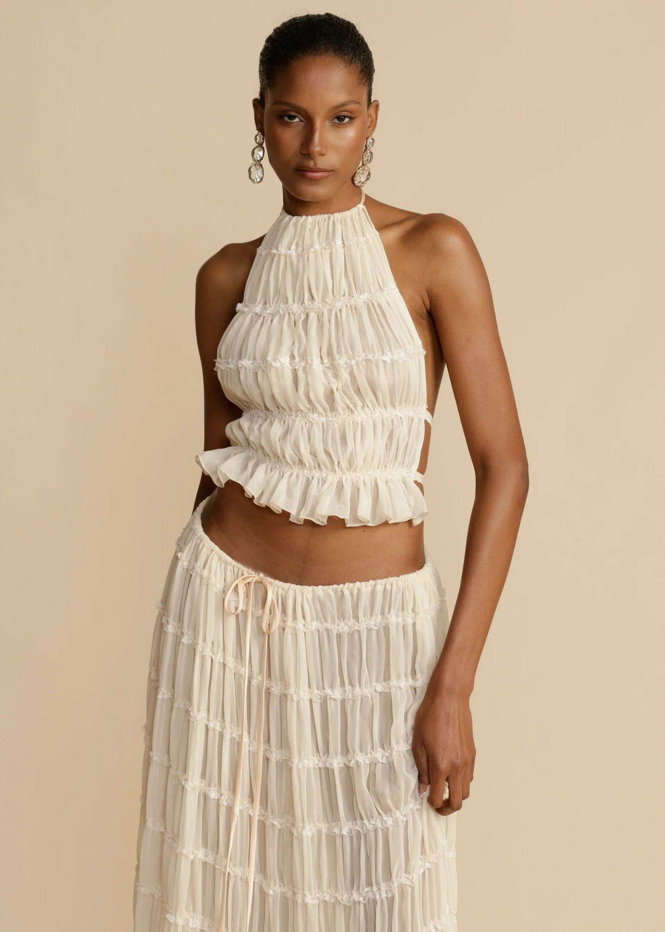 2pcs Women's Dress Suit Sexy Sleeveless Backless Cropped Halter Top And Pleated Long Dress - Velora