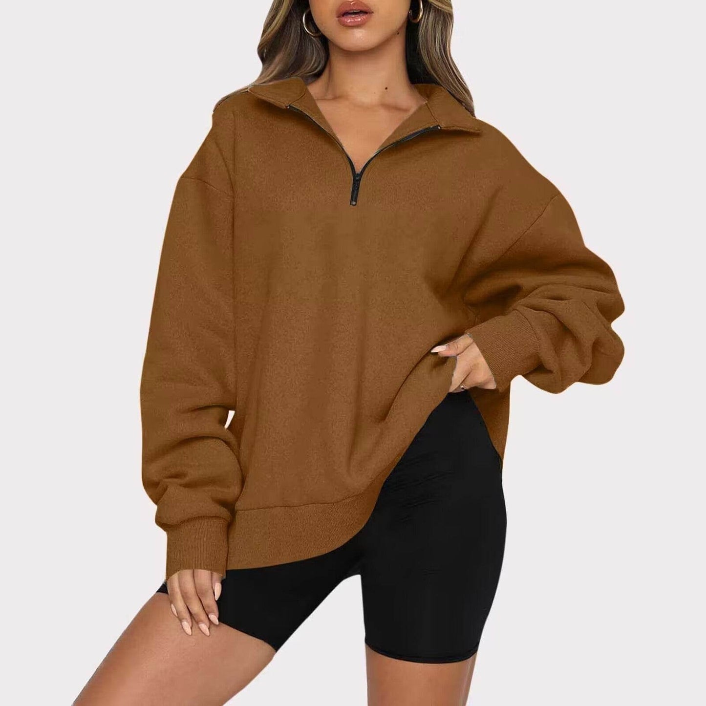 Women Sweatshirts Zip Turndown Collar Loose Casual Tops Clothes - Velora