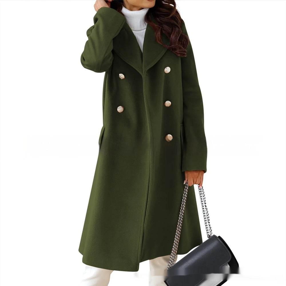Simple Double Breasted Woolen Coat For Women - Velora