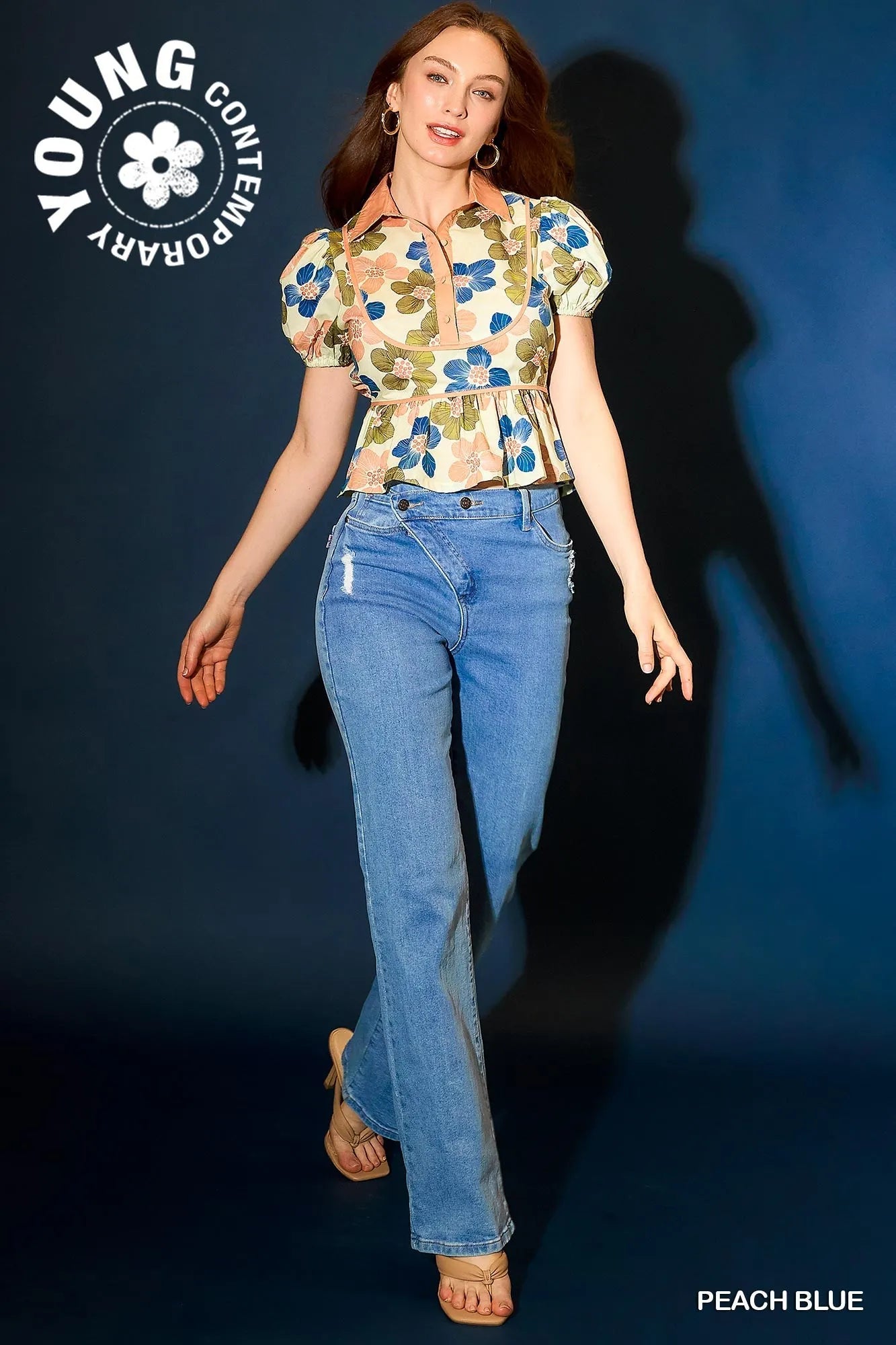 Umgee Floral Print Puff Sleeve Cropped Blouse - Velora
