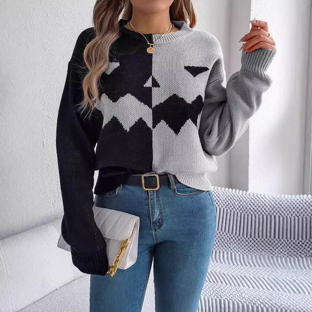 Halloween Contrast-color Pullover Sweater Fashion Long Sleeve Knitted Tops For Womens Clothing - Velora