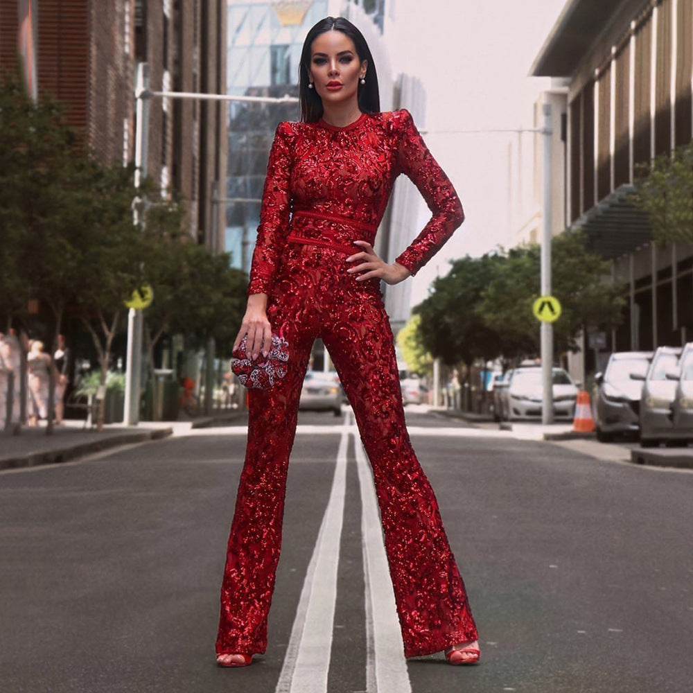 Composite Lace Sophisticated Slim Fit Jumpsuit - Velora