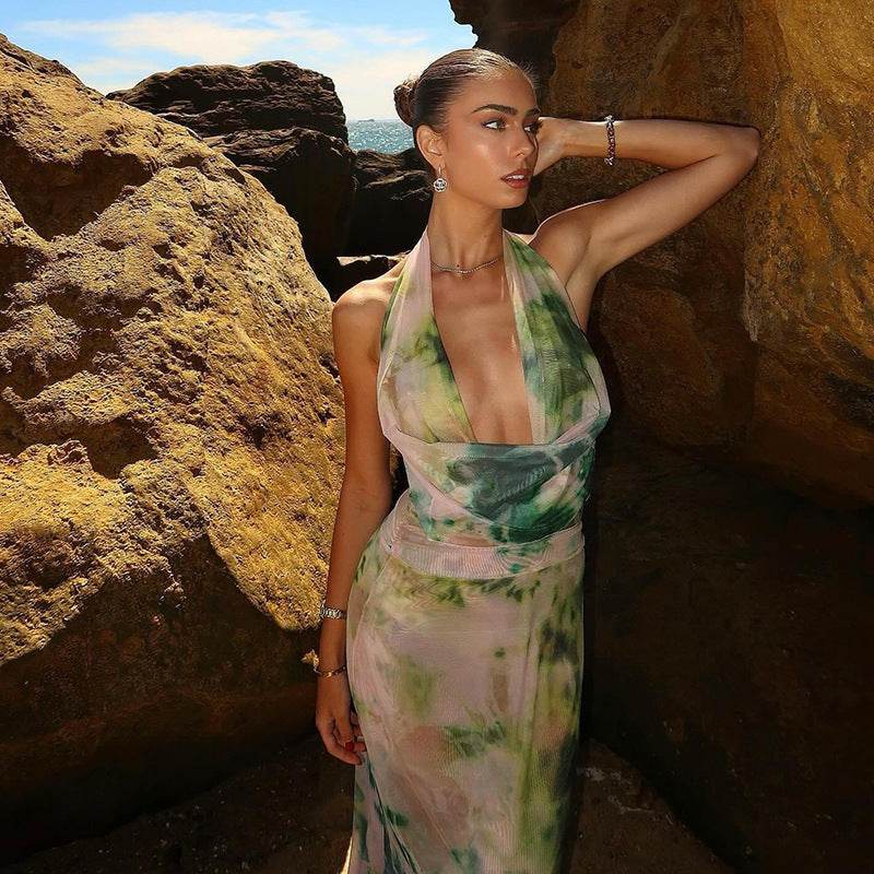 2pcs Tie Dye Printing Deep V-neck Suits Fashion Halter Backless Long Dresses For Beach Party Womens Clothing - Velora