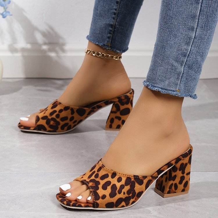 Leopard Square Toe Sandals Summer High-heeled Slippers Chunky Heel Shoes For Women - Velora