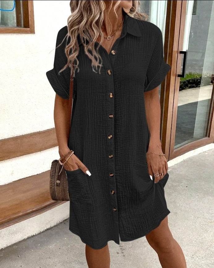 Summer Short Sleeve Shirt Dress Fashion Solid Color Single-breasted Mid-length Loose Dress - Velora