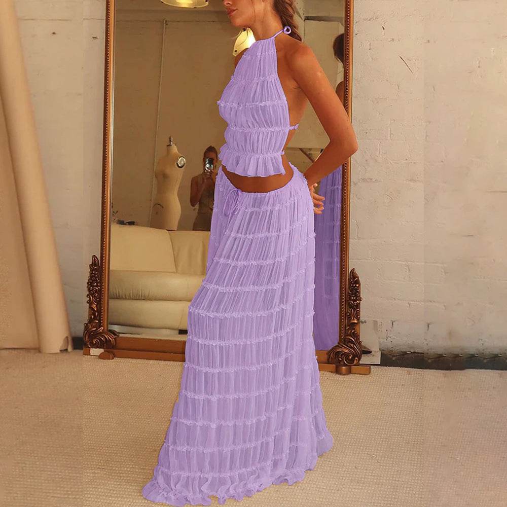 2pcs Women's Dress Suit Sexy Sleeveless Backless Cropped Halter Top And Pleated Long Dress - Velora