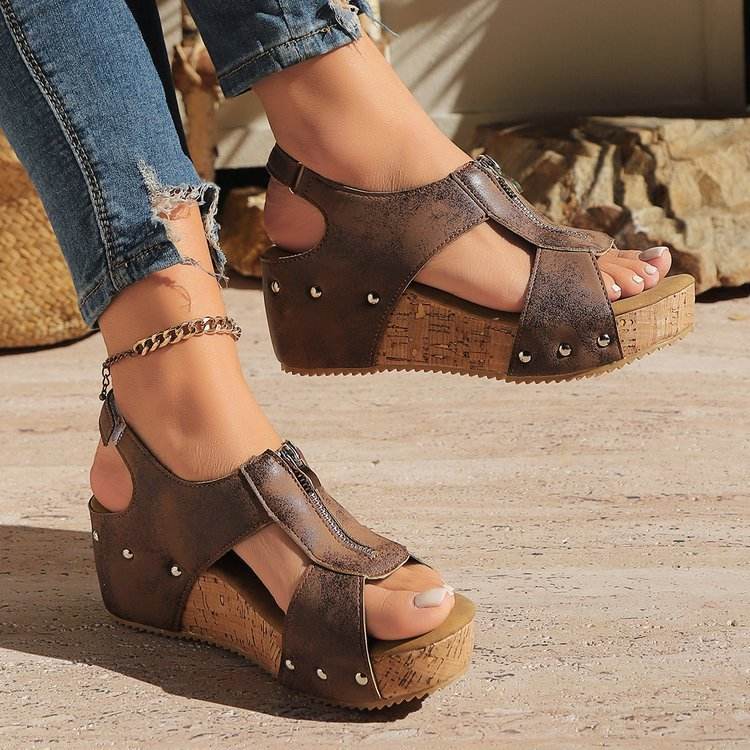 Summer Zipper Wedges Sandals Women's Lightweight Height Increasing Shoes Fashion Casual Sandals - Velora