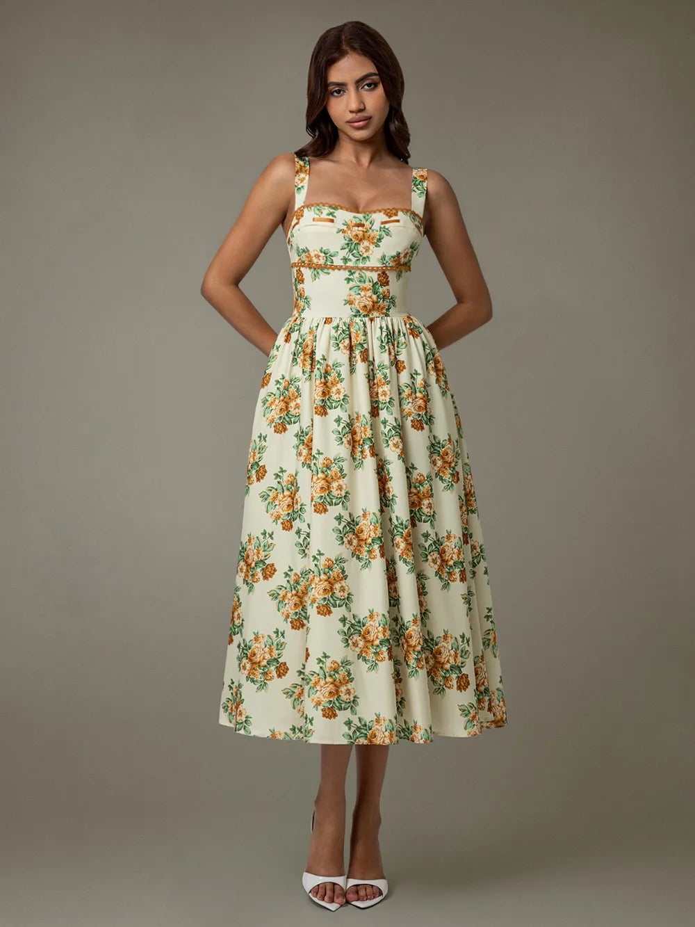 Lace Trim Floral Sleeveless Midi Dress - Velora