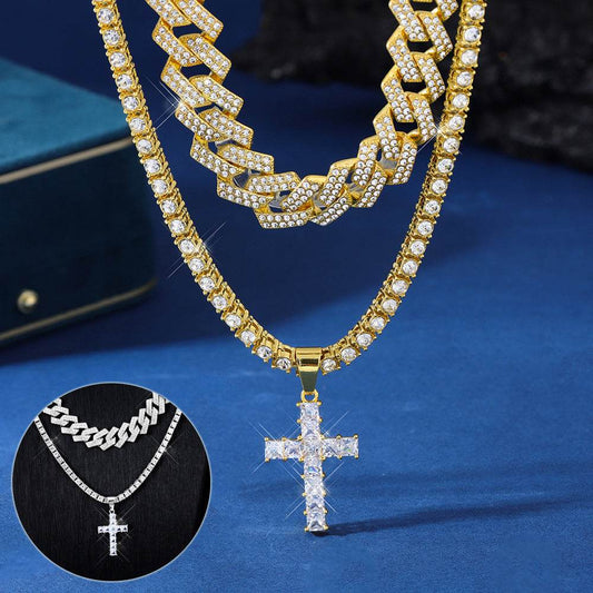 Zircon Cross Pendant Necklace Hip Hop Full Miami Curb Cuban Chain Iced Out Paved Rhinestones Bling Rapper Necklaces For Men Men's And Women's Clavicle Chain Jewelry - Velora