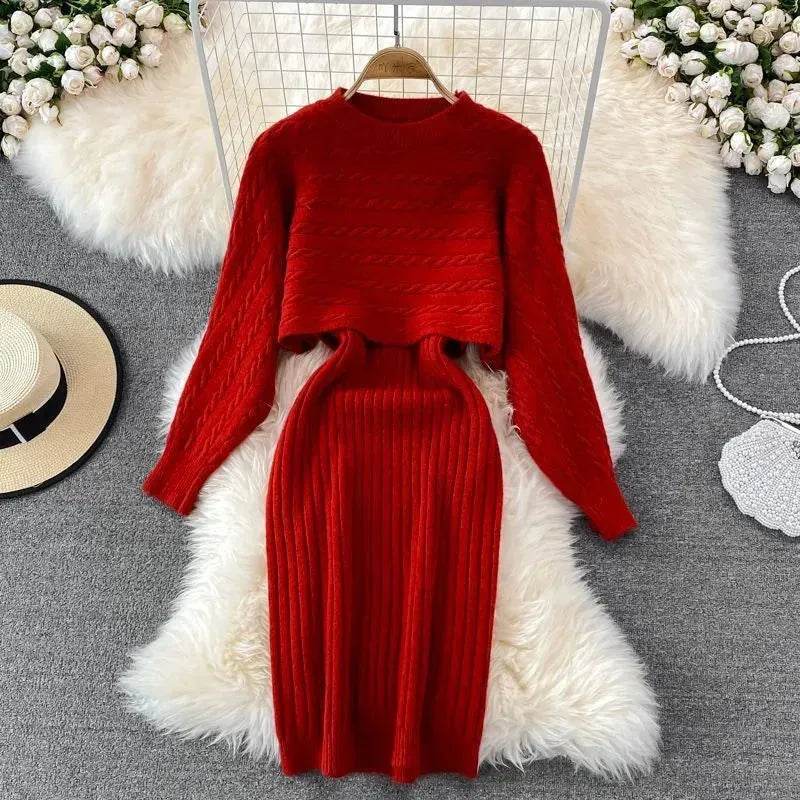 Autumn Winter Sassy Woolen Knitted Two Piece Midi Sweater Dress Outfit set - Velora