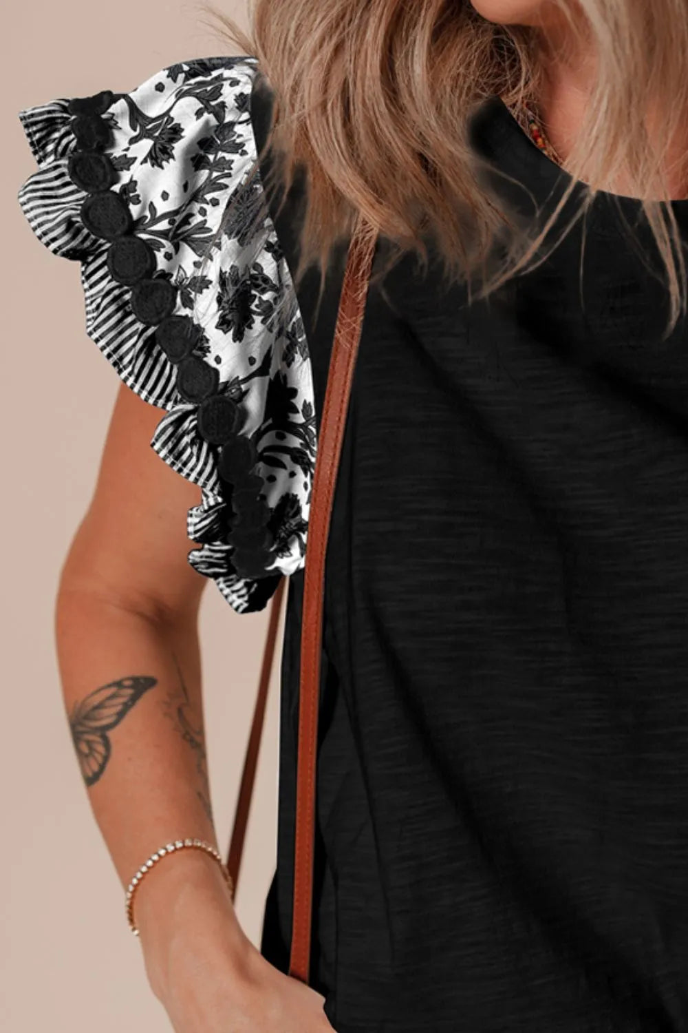 Round Neck Printed Ruffled Cap Sleeve Blouse - Velora