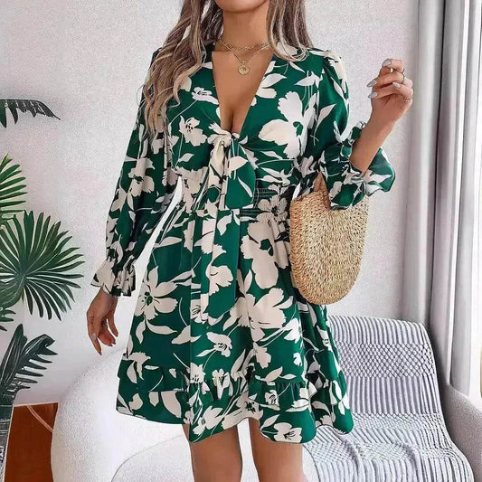 New Floral Printed V-Neck Long Sleeve Dress Fashion Ruffles Bowknot A-Line Short Mini Skater Dress Women's Clothing - Velora
