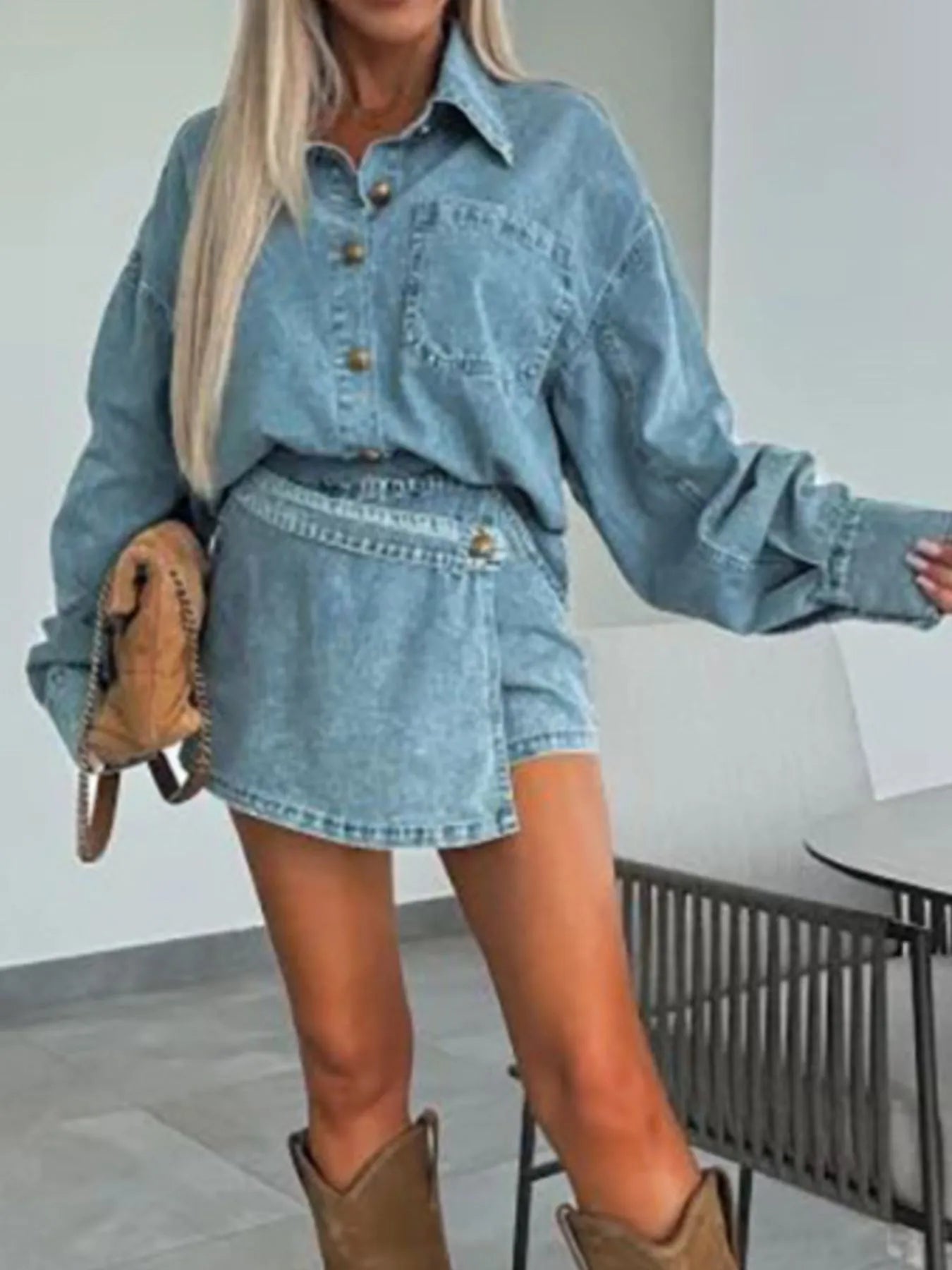 Button-Front Shirt and Mini Skirt Oversized Denim Set - Velora