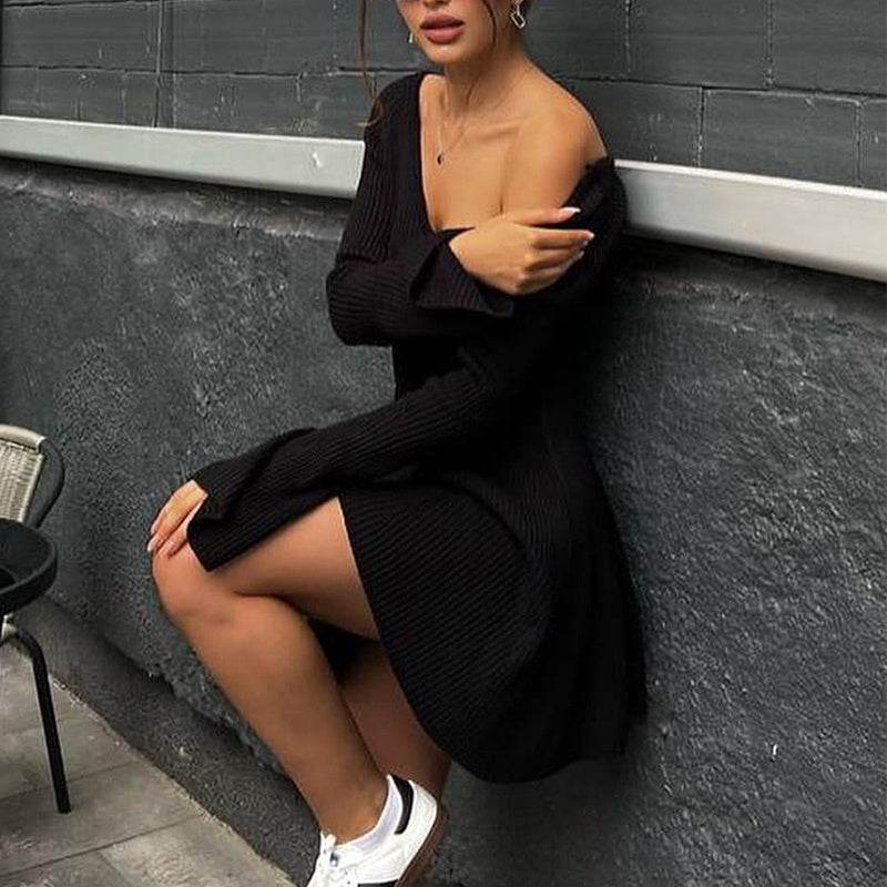 Sexy Slim V-Neck Long Sleeve Knitted Dress Fashion Tight High Elastic Ruffle A-Line Short Dresses Y2K Skirt Womens Clothing - Velora