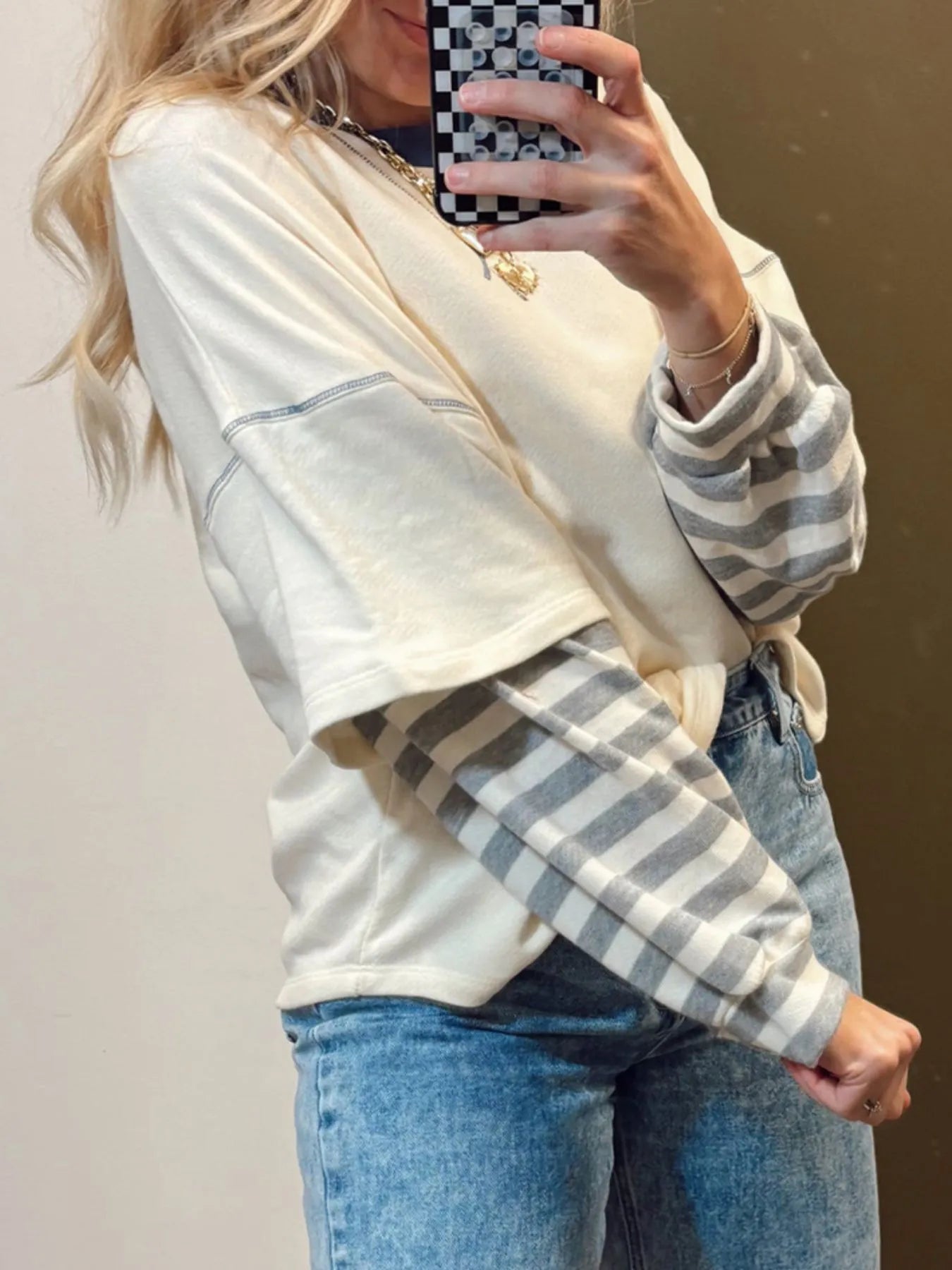 Striped Patchwork Long Sleeve Round Neck Two-in-one Top - Velora