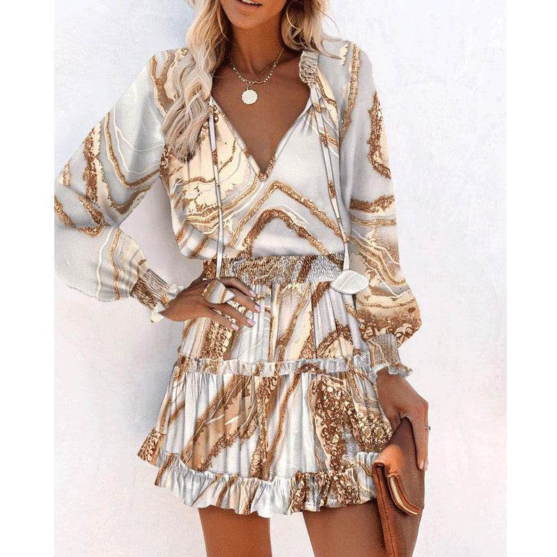 Flowers Print Long Sleeve Dress Fashion Patchwork Puff Sleeve Waist Dresses Womens Clothing - Velora