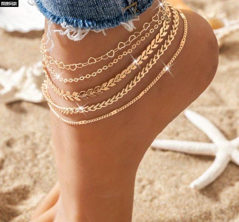 5Pcs Bohemian Airplane Chain Ankle Chain Fashion Design Heart-shaped Chain Anklets Women's Summer Beach On Foot Chain Jewelry - Velora