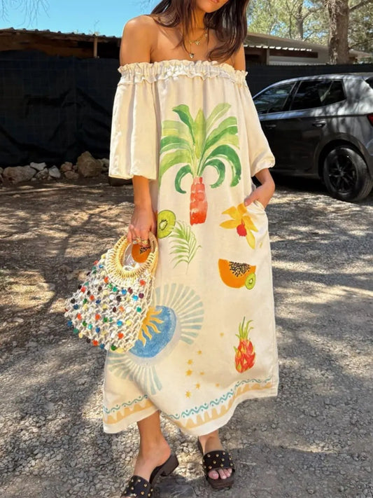 Frill Printed Off-Shoulder Dress - Velora