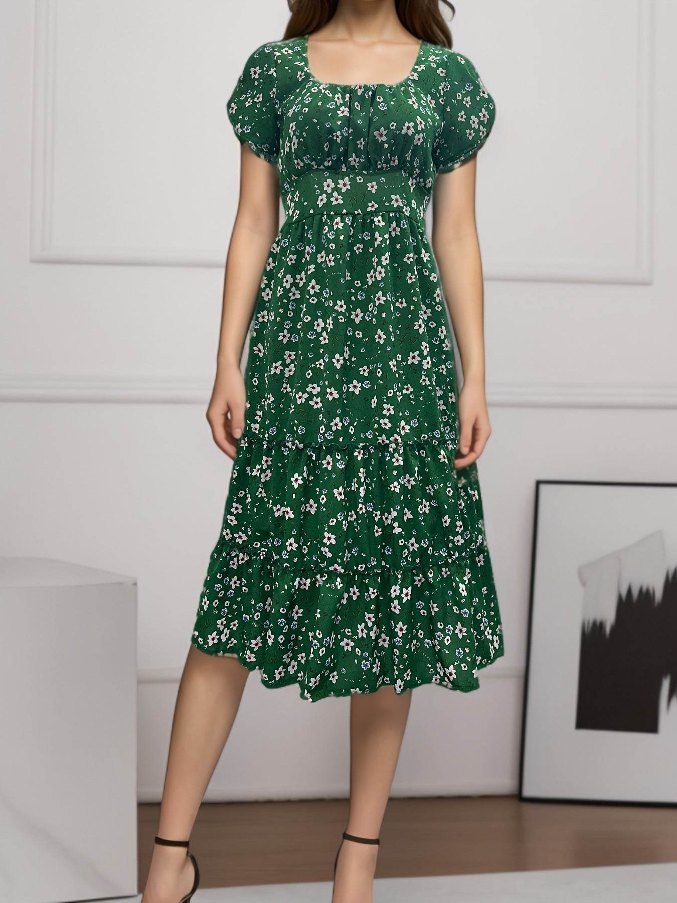 Square Collar Short Sleeve Dress Summer Puff Floral Printed Dress Long Dresses - Velora