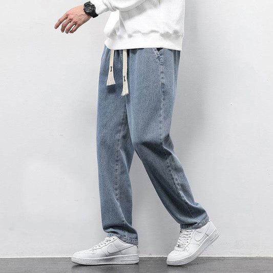 Summer Loose Wide Leg Jeans Pants Men Fashion Drawstring Elasticated Straight Trousers - Velora
