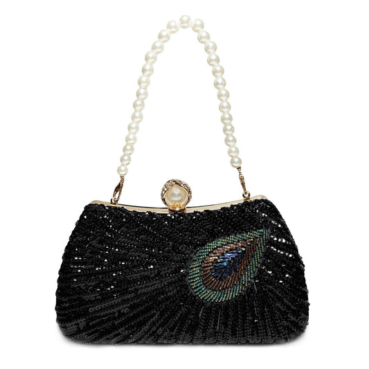Beaded Peacock Feather Large Pearl Rhinestone Large Capacity Crossbody Shoulder Bag - Velora