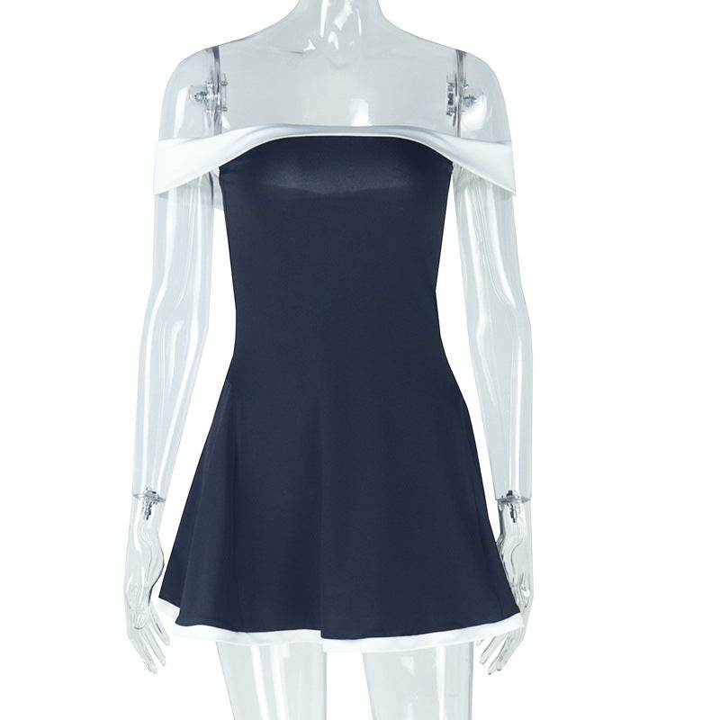 Women's Black And White Patchwork Summer Dress Y2K Trend Slash Neck Backless Sweet Girl Chic Ruched Mini Bodycon Streetwear - Velora