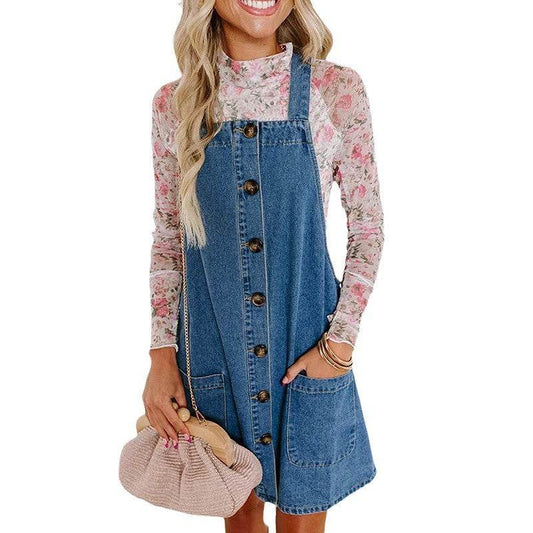Loose Mini Denim Brace Jeans Jumper Dress - Velora