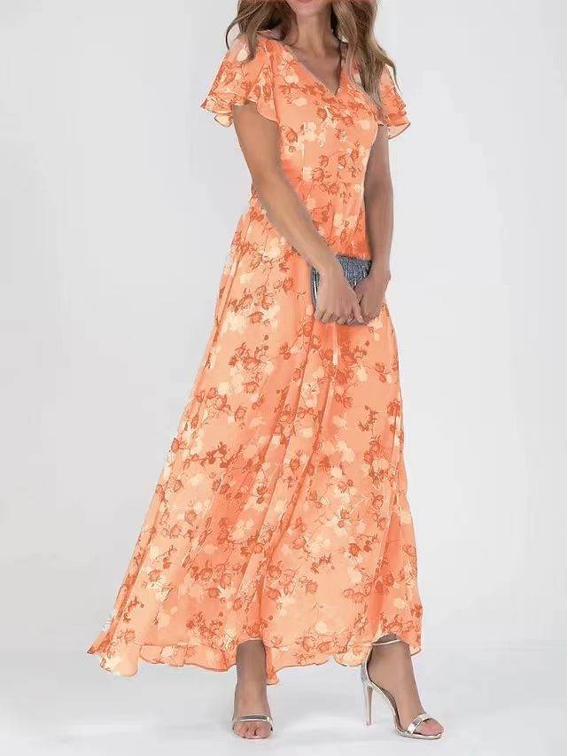 Flowers Print Short Sleeve Dress Summer Fashion Ruffle Beach Dresses Women's Clothing - Velora