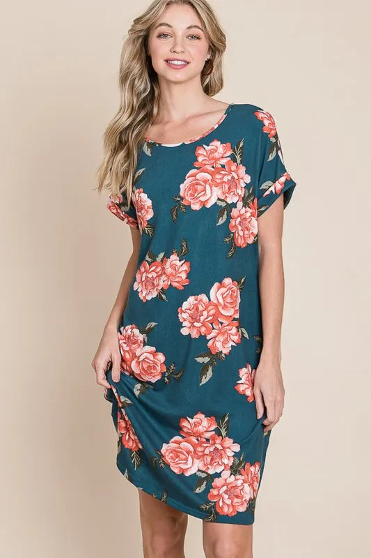 BOMBOM Floral Round Neck Short Tee Dress with Pockets - Velora