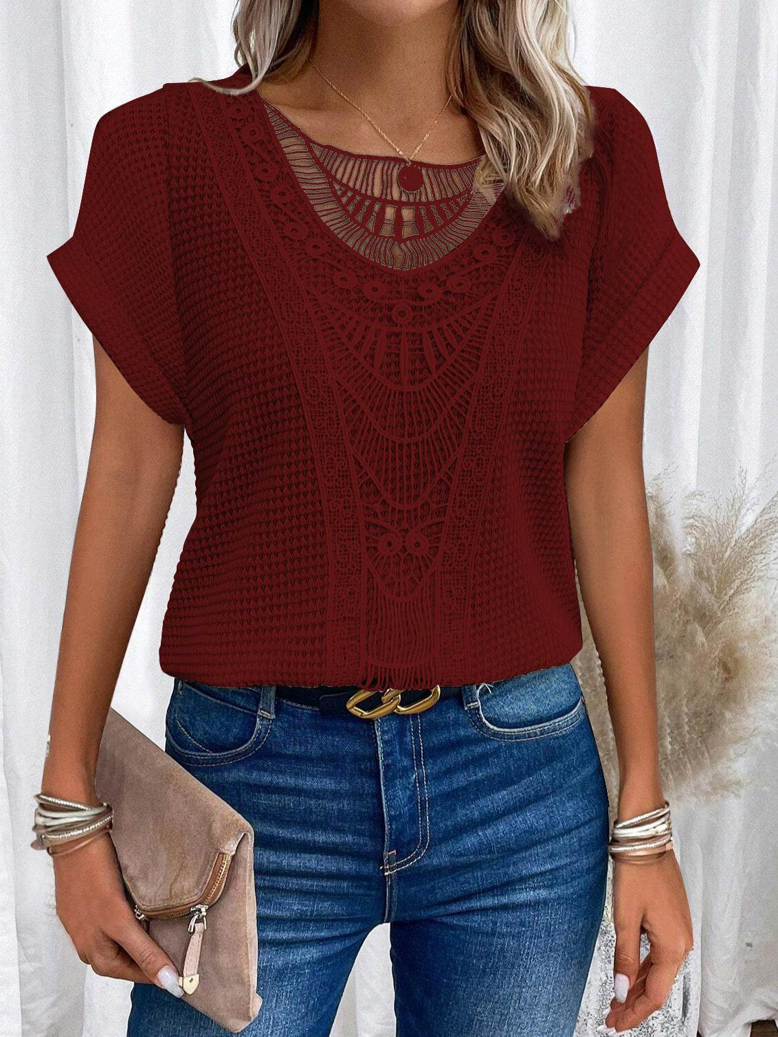 Summer Hollow Out Short-sleeved T-shirt Women's Clothing - Velora