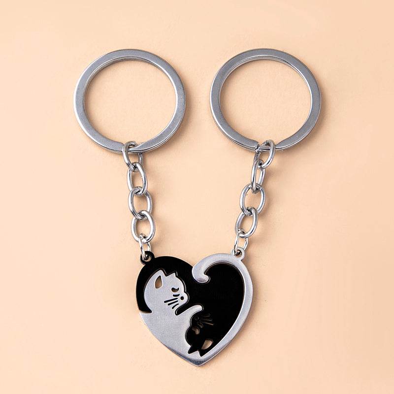Love Heart Black White Cats Stainless Steel Couple Keychains - Velora